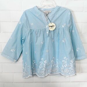 Hayden Blue & White Striped Embroidered Blouse Size M NWT